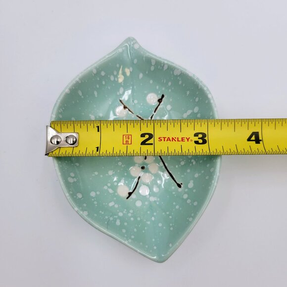 Japanese Teal Leaf Saucer Sauce Trinket Dish Floral Speckled Dipping Candy Foot - Picture 9 of 9